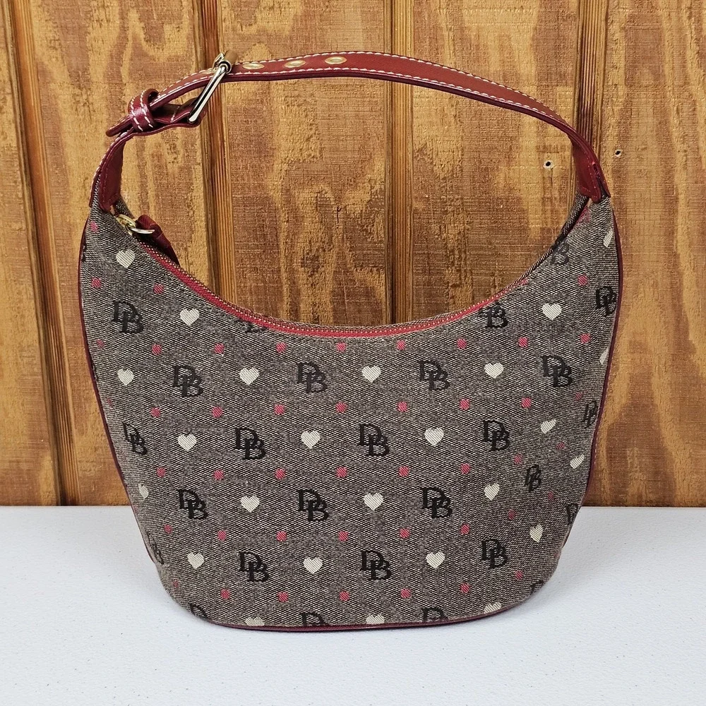 Dooney & Bourke Hobo Bucket Bag Canvas Hearts Signature Gray & Red Y2K DH29